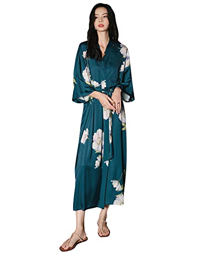 YAOMEI Damen Morgenmantel Länge Kimono In voller, Seidig Satin Nachtwäsche Bademantel Robe Blüten gedruckt Negligee Seidenrobe locker Schlafanzug Erweiterte Version (Pfauenblau) von YAOMEI