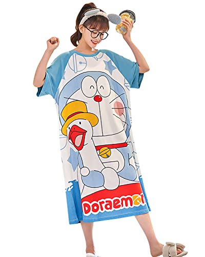 YAOMEI Damen Nachthemd Negliee Modale Baumwolle Sleepshirt Schlafanzug Kurzarm süßer Cartoon-Print Nachtwäsche Nachtkleid Lingerie Pyjamas Sleepwear (Doraemon, One Size) von YAOMEI