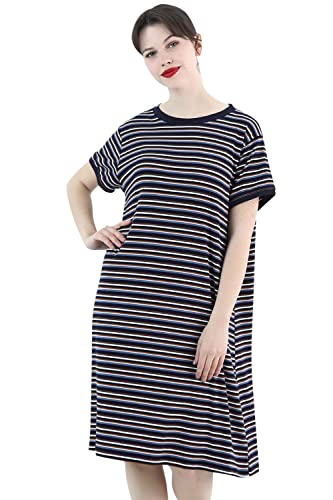 YAOMEI Damen Nachthemd Negliee Sleepshirt Schlafanzug, 2022 Damen Streifen Kurzarm Nachtwäsche Nachtkleid Lingerie Pyjamas Sleepwear (5XL, Blau) von YAOMEI