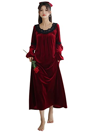 YAOMEI Damen Nachthemd Samt Negliee Sleepshirt Schlafanzug Lange Ärmel Nachtwäsche Nachtkleid Lingerie Pyjamas Sleepwear (L, Rot) von YAOMEI
