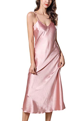 YAOMEI Damen Satin Lang Nachthemd Negliee Sleepshirt Schlafanzug Luxus Ladies Nachtwäsche Nachtkleid Lingerie Pyjamas Sleepwear (X-Large, Rosa) von YAOMEI