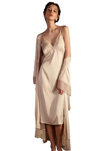 YAOMEI Damen Satin Nachthemd Negliee mit Morgenmantel Kimono, 2 Stück Damen Spitze Negliee Sleepshirt Schlafanzug Silk Lang Ärmeln Lingerie Robes Nachtkleid Lingerie Sleepwear (L, Gold) von YAOMEI