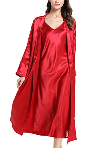 YAOMEI Damen Satin Nachthemd Negliee mit Morgenmantel Kimono, 2 Stück Damen Spitze Negliee Sleepshirt Schlafanzug Silk Lang Ärmeln Lingerie Robes Nachtkleid Lingerie Sleepwear (L, Rot) von YAOMEI