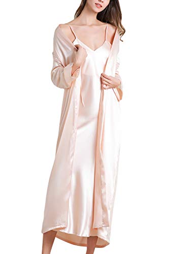 YAOMEI Damen Satin Nachthemd Negliee mit Morgenmantel Kimono, 2 Stück Damen Spitze Negliee Sleepshirt Schlafanzug Silk Lang Ärmeln Lingerie Robes Nachtkleid Lingerie Sleepwear (M, Gold) von YAOMEI