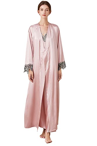 YAOMEI Damen Satin Nachthemd Negliee mit Morgenmantel Kimono, 2 Stück Damen Spitze Negliee Sleepshirt Schlafanzug Silk Lang Ärmeln Lingerie Robes Nachtkleid Lingerie Sleepwear (M, Rosa3) von YAOMEI