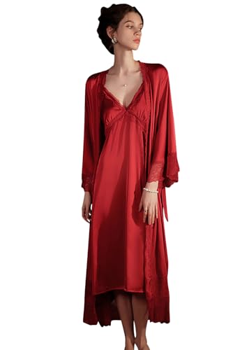 YAOMEI Damen Satin Nachthemd Negliee mit Morgenmantel Kimono, 2 Stück Damen Spitze Negliee Sleepshirt Schlafanzug Silk Lang Ärmeln Lingerie Robes Nachtkleid Lingerie Sleepwear (M, Rot) von YAOMEI