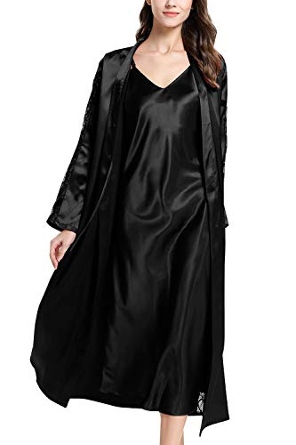 YAOMEI Damen Satin Nachthemd Negliee mit Morgenmantel Kimono, 2 Stück Damen Spitze Negliee Sleepshirt Schlafanzug Silk Lang Ärmeln Lingerie Robes Nachtkleid Lingerie Sleepwear (M, Schwarz) von YAOMEI