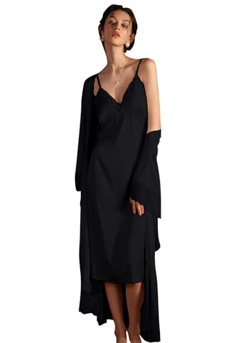 YAOMEI Damen Satin Nachthemd Negliee mit Morgenmantel Kimono, 2 Stück Damen Spitze Negliee Sleepshirt Schlafanzug Silk Lang Ärmeln Lingerie Robes Nachtkleid Lingerie Sleepwear (M, Schwarz) von YAOMEI