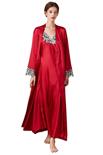 YAOMEI Damen Satin Nachthemd Negliee mit Morgenmantel Kimono, 2 Stück Damen Spitze Negliee Sleepshirt Schlafanzug Silk Lang Ärmeln Lingerie Robes Nachtkleid Lingerie Sleepwear (S, Rot3) von YAOMEI