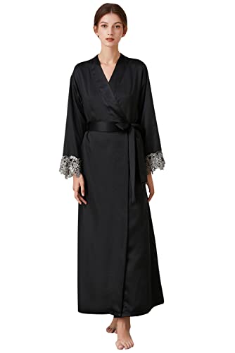 YAOMEI Damen Satin Nachthemd Negliee mit Morgenmantel Kimono, 2 Stück Damen Spitze Negliee Sleepshirt Schlafanzug Silk Lang Ärmeln Lingerie Robes Nachtkleid Lingerie Sleepwear (S, Schwarz3) von YAOMEI