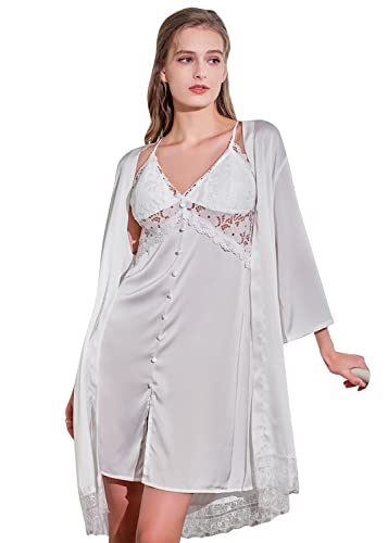 YAOMEI Damen Satin Nachthemd Negliee mit Morgenmantel Kimono, 2 Stück Damen Spitze Negliee Sleepshirt Schlafanzug Silk Lang Ärmeln Lingerie Robes Nachtkleid Lingerie Sleepwear (S, Weiß) von YAOMEI