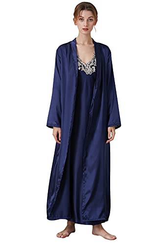 YAOMEI Damen Satin Nachthemd Negliee mit Morgenmantel Kimono, 2 Stück Damen Spitze Negliee Sleepshirt Schlafanzug Silk Lang Ärmeln Lingerie Robes Nachtkleid Lingerie Sleepwear (XL, A-Blau) von YAOMEI