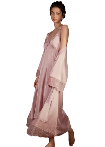 YAOMEI Damen Satin Nachthemd Negliee mit Morgenmantel Kimono, 2 Stück Damen Spitze Negliee Sleepshirt Schlafanzug Silk Lang Ärmeln Lingerie Robes Nachtkleid Lingerie Sleepwear (XL, A-Rosa) von YAOMEI