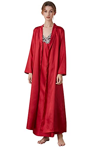 YAOMEI Damen Satin Nachthemd Negliee mit Morgenmantel Kimono, 2 Stück Damen Spitze Negliee Sleepshirt Schlafanzug Silk Lang Ärmeln Lingerie Robes Nachtkleid Lingerie Sleepwear (XL, A-Rot) von YAOMEI