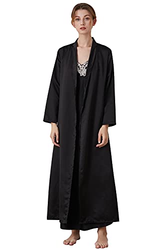 YAOMEI Damen Satin Nachthemd Negliee mit Morgenmantel Kimono, 2 Stück Damen Spitze Negliee Sleepshirt Schlafanzug Silk Lang Ärmeln Lingerie Robes Nachtkleid Lingerie Sleepwear (XL, A-Schwarz) von YAOMEI