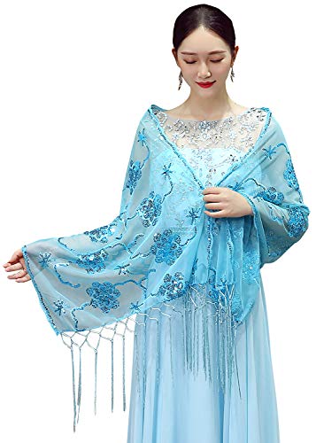 YAOMEI Damen Schals 1920er Jahre Perlen Flapper Pailletten Halstücher Stola Umschlagtücher Umschlagtücher Halstuch Hochzeiten Braut Bridemaids Abendgarderobe (74.8*23.6 Zoll (190 cm * 60 cm), ZY-Blau) von YAOMEI