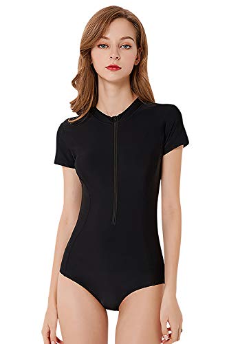 YAOMEI Damen Sport Surfen Badeanzug Bauchweg Badebekleidung Einteiler Badekleid Eingebauter Cup Spa Strandkleid Baden Swimwear Bademode mit Reißverschluss (L, Schwarz) von YAOMEI