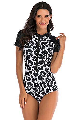 YAOMEI Damen Sport Surfen Badeanzug Bauchweg Badebekleidung Einteiler Badekleid Eingebauter Cup Spa Strandkleid Baden Swimwear Bademode mit Reißverschluss (L, Schwarz 4) von YAOMEI