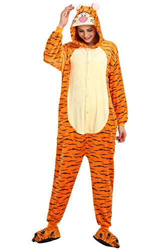 YAOMEI Erwachsene Jumpsuits, 2020 Kostüm Tier Kostüm-Anzug Onesie Nachthemd Schlafanzug Kapuzenpullover Nachtwäsche Cosplay Karton 3D Kigurumi Fastnachtskostuem Halloween (Tigger, S) von YAOMEI