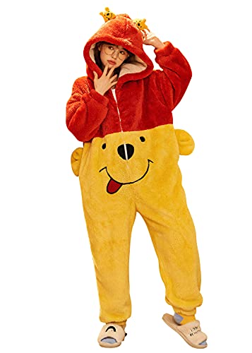 YAOMEI Erwachsene Unisex Jumpsuits, Kostüm Tier Kostüm-Anzug Onesie Nachthemd Schlafanzug Kapuzenpullover Nachtwäsche Cosplay Karton 3D Kigurumi Fastnachtskostuem Party Halloween (Damen-Winnie, L) von YAOMEI