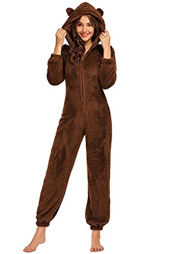 YAOMEI Erwachsene Unisex Jumpsuits, Kostüm Tier Kostüm-Anzug Onesie Nachthemd Schlafanzug Kapuzenpullover Nachtwäsche Cosplay Karton 3D Kigurumi Fastnachtskostuem Xmas Halloween (Bärenbraun, M) von YAOMEI