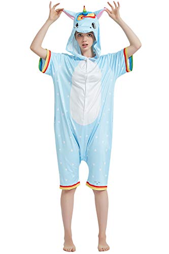 YAOMEI Erwachsene Unisex Jumpsuits Sommer, Kostüm Tier Kostüm-Anzug Onesie Nachthemd Schlafanzug Kapuzenpullover Nachtwäsche Cosplay Kigurumi Fastnachtskostuem Halloween (L, Blau) von YAOMEI