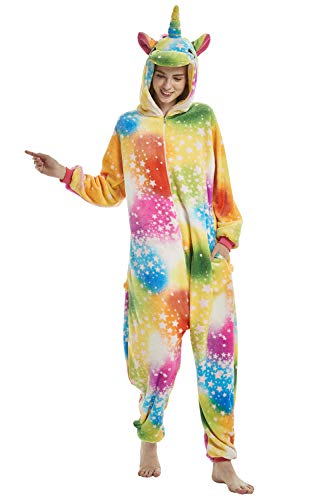 YAOMEI Erwachsene Unisex Overalls, Kostüm Tier Kostüm Anzug Strampler Nachthemd Pyjama Hoodie Nachtwäsche Cosplay Karton 3D Kigurumi Karneval Weihnachten Halloween (L, A-Gelbes Einhorn) von YAOMEI