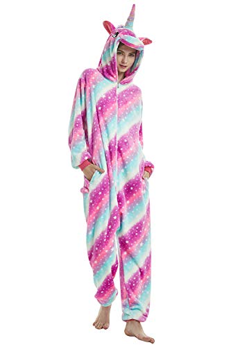 YAOMEI Erwachsene Unisex Overalls, Kostüm Tier Kostüm Anzug Strampler Nachthemd Pyjama Hoodie Nachtwäsche Cosplay Karton 3D Kigurumi Karneval Weihnachten Halloween (L, A-Rose Einhorn) von YAOMEI