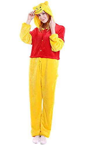 YAOMEI Erwachsene Unisex Overalls, Kostüm Tier Kostüm Anzug Strampler Nachthemd Pyjama Hoodie Nachtwäsche Cosplay Karton 3D Kigurumi Karneval Weihnachten Halloween (L, Pooh) von YAOMEI