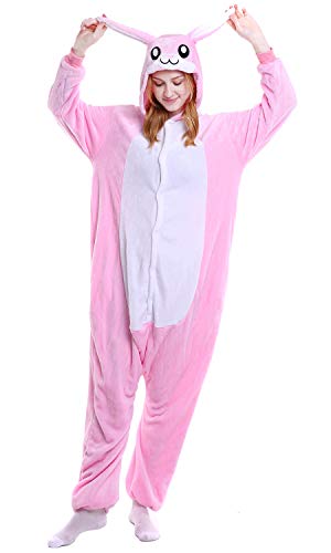 YAOMEI Erwachsene Unisex Overalls, Kostüm Tier Kostüm Anzug Strampler Nachthemd Pyjama Hoodie Nachtwäsche Cosplay Karton 3D Kigurumi Karneval Weihnachten Halloween (L, Rosafarbenes Kaninchen) von YAOMEI