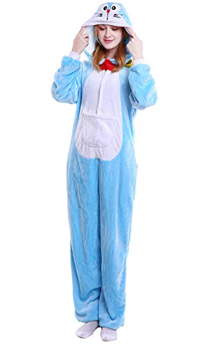 YAOMEI Erwachsene Unisex Overalls, Kostüm Tier Kostüm Anzug Strampler Nachthemd Pyjama Hoodie Nachtwäsche Cosplay Karton 3D Kigurumi Karneval Weihnachten Halloween (M, Doraemon) von YAOMEI