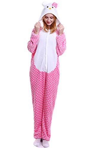 YAOMEI Erwachsene Unisex Overalls, Kostüm Tier Kostüm Anzug Strampler Nachthemd Pyjama Hoodie Nachtwäsche Cosplay Karton 3D Kigurumi Karneval Weihnachten Halloween (M, Kitty) von YAOMEI