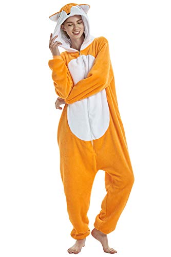 YAOMEI Erwachsene Unisex Overalls, Kostüm Tier Kostüm Anzug Strampler Nachthemd Pyjama Hoodie Nachtwäsche Cosplay Karton 3D Kigurumi Karneval Weihnachten Halloween (XL, A-Fuchs) von YAOMEI