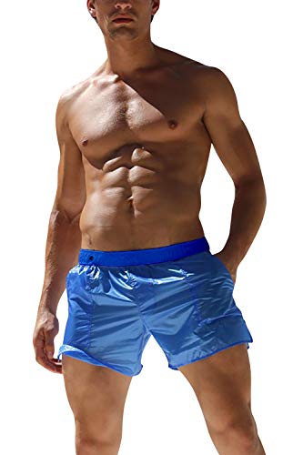 YAOMEI Herren Badehose Badeshorts Kurze Hose Shorts, 2 Stücke Transparent Badeanzug & Weiß Slip Swimming Trunks Schwimmhose Badekleid Swimwear Bademode mit Taschen (L, Blau) von YAOMEI