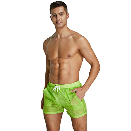 YAOMEI Herren Badehose Badeshorts Kurze Hose Shorts mit Futter, Transparent Badeanzug Slip Swimming Trunks Schwimmhose Badekleid Swimwear Bademode mit Taschen (L, Grün) von YAOMEI