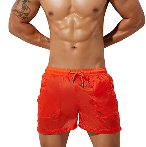 YAOMEI Herren Badehose Badeshorts Kurze Hose Shorts mit Futter, Transparent Badeanzug Slip Swimming Trunks Schwimmhose Badekleid Swimwear Bademode mit Taschen (L, Rot) von YAOMEI