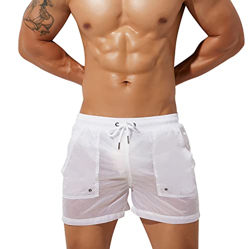 YAOMEI Herren Badehose Badeshorts Kurze Hose Shorts mit Futter, Transparent Badeanzug Slip Swimming Trunks Schwimmhose Badekleid Swimwear Bademode mit Taschen (L, Weiß) von YAOMEI