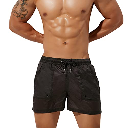 YAOMEI Herren Badehose Badeshorts Kurze Hose Shorts mit Futter, Transparent Badeanzug Slip Swimming Trunks Schwimmhose Badekleid Swimwear Bademode mit Taschen (M, Schwarz) von YAOMEI