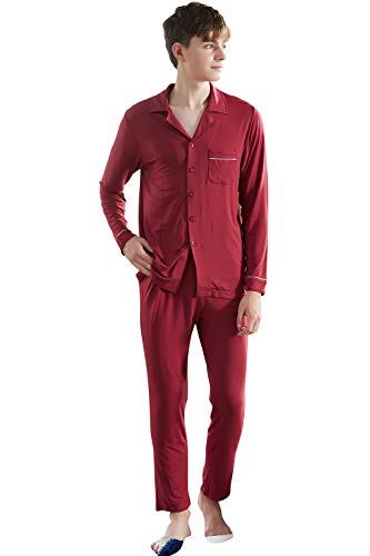 YAOMEI Herren Schlafanzug, 2020 Modal Cotton Paare lang Zweiteiliger Pyjamas Frühling Sommer, Herren Schlafanzug mit Überprüfen Sie geknöpftes Hemd Kragen mit Tasche (Dunkelrot, L) von YAOMEI