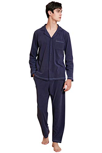 YAOMEI Herren Schlafanzug, 2020 Modal Cotton Paare lang Zweiteiliger Pyjamas Frühling Sommer, Herren Schlafanzug mit Überprüfen Sie geknöpftes Hemd Kragen mit Tasche (Marine, M) von YAOMEI