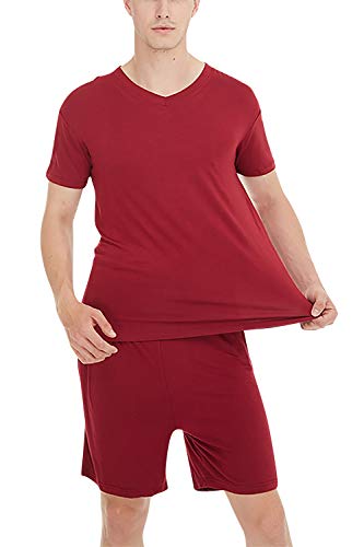 YAOMEI Herren Schlafanzug, 2020 Modale Baumwolle Kurz Zweiteiliger Pyjamas Frühling Sommer, Herren Schlafanzug Luxus Sommer Dessous Tshirt Top mit kurzen Hosen Hose L XL XXL (3XL, Rot) von YAOMEI