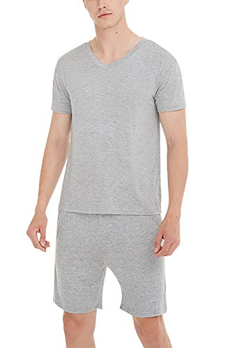 YAOMEI Herren Schlafanzug, 2020 Modale Baumwolle Kurz Zweiteiliger Pyjamas Frühling Sommer, Herren Schlafanzug Luxus Sommer Dessous Tshirt Top mit kurzen Hosen Hose L XL XXL (XL, Grau) von YAOMEI