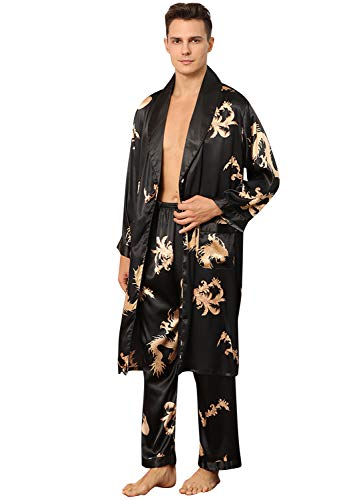YAOMEI Herren Schlafanzug Morgenmantel, 2-in-1 Bademäntel Kimono + Schlafanzughose, Satin Nachtwäsche Bademantel Robe Negligee locker Schlafanzug Hose (3XL, Schwarz 2) von YAOMEI
