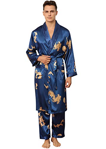 YAOMEI Herren Schlafanzug Morgenmantel, 2-in-1 Bademäntel Kimono + Schlafanzughose, Satin Nachtwäsche Bademantel Robe Negligee locker Schlafanzug Hose (L, Blau 2) von YAOMEI