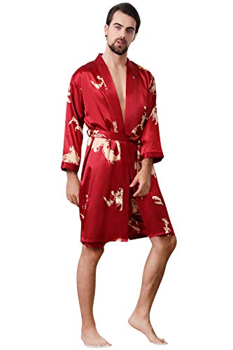 YAOMEI Herren Schlafanzug Morgenmantel, 2-in-1 Bademäntel Kimono + Schlafanzughose, Satin Nachtwäsche Bademantel Robe Negligee locker Schlafanzug Hose (L, Roter Drache) von YAOMEI