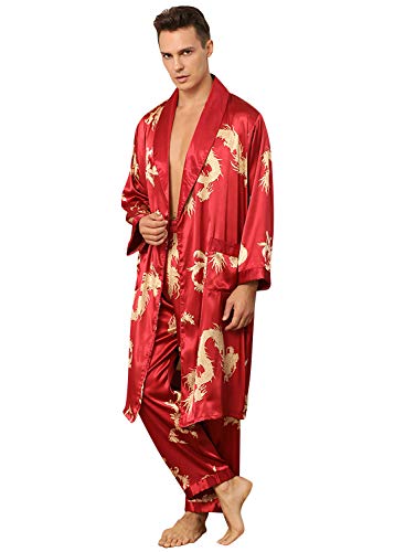 YAOMEI Herren Schlafanzug Morgenmantel, 2-in-1 Bademäntel Kimono + Schlafanzughose, Satin Nachtwäsche Bademantel Robe Negligee locker Schlafanzug Hose (M, Rot 2) von YAOMEI