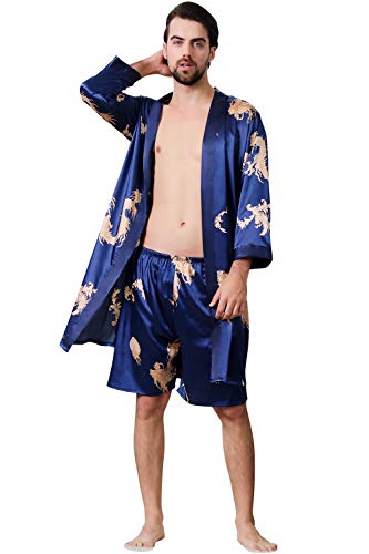 YAOMEI Herren Schlafanzug Morgenmantel, 2-in-1 Bademäntel Kimono + Schlafanzughose, Satin Nachtwäsche Bademantel Robe Negligee locker Schlafanzug Hose (XL, Blauer Drache) von YAOMEI