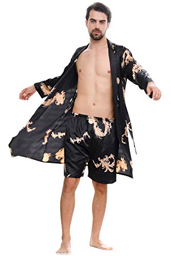 YAOMEI Herren Schlafanzug Morgenmantel, 2-in-1 Bademäntel Kimono + Schlafanzughose, Satin Nachtwäsche Bademantel Robe Negligee locker Schlafanzug Hose (XXL, Schwarzer Drache) von YAOMEI