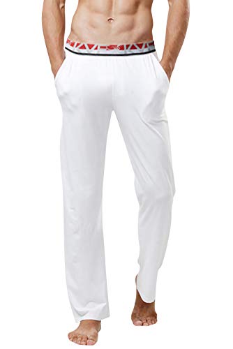 YAOMEI Herren Schlafanzughose Hose Lang, Modal Baumwolle unterwäsche Casual Hosen Nachtwäsche Pyjamahose Elastik-Bund Schlafen Yoga Sport Freizeit (2XL, Weiß) von YAOMEI