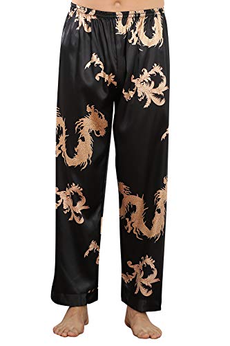 YAOMEI Herren Schlafanzughose Hose Lang, Satin seidig unterwäsche Casual Hosen Nachtwäsche Pyjamahose verstellbarem Elastik-Bund Taschen Schlafen Yoga Sport Freizeit (Schwarzer Drache, M) von YAOMEI